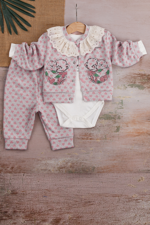 3-9 Ay Kız Bebek Takımı Brode İşlemeli Kalp 3'lü Hırkalı Lila