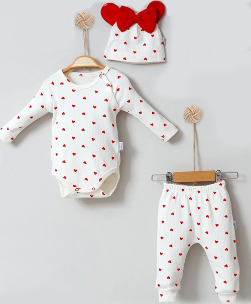 3-12 Ay Kız Bebek Takımı Kalp Şapkalı 3'lü Kırmızı