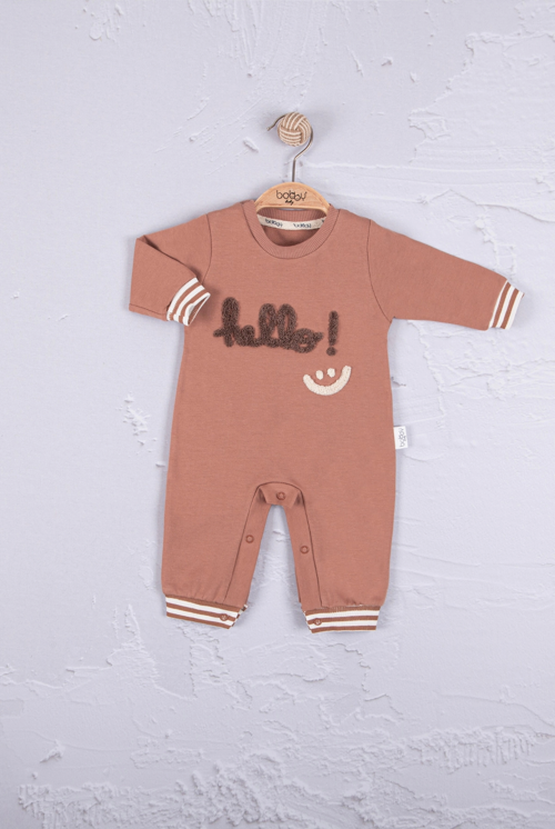 3-12 Ay Erkek Bebek Tulum Hello Nakışlı Kahverengi