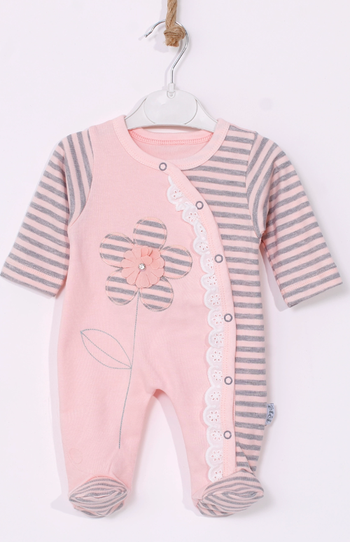 3-9 Ay Kız Bebek Tulumu Çiçek Nakışlı Ayaklı Somon