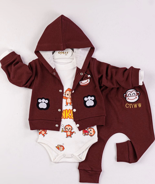 Yeni Doğan 3-6 Ay Erkek Bebek Takımı Monkey Kapişonlu Bordo