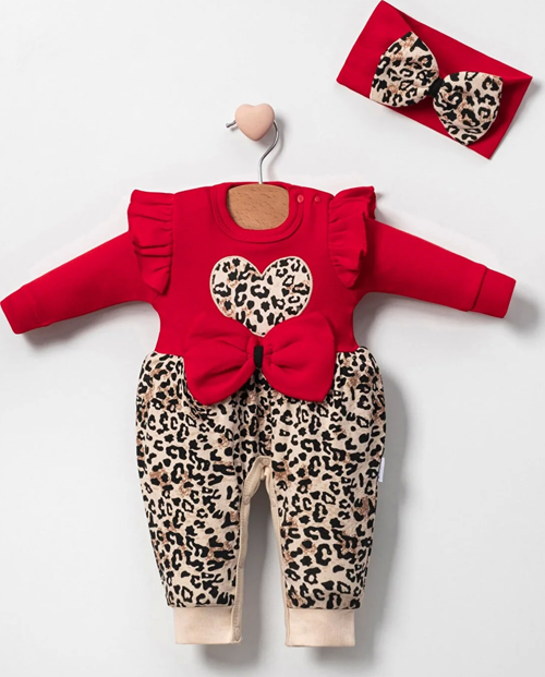 3-9 Ay Kız Bebek Tulum Leopar Desen Fırfır ve Fiyonklu Kırmızı