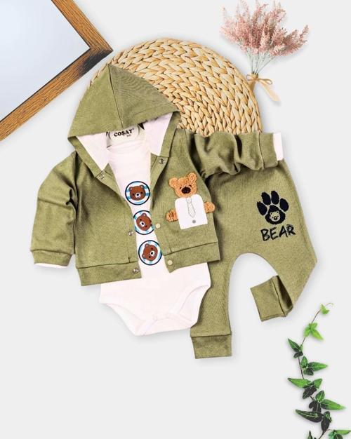 Yeni Doğan 3-6 Ay Erkek Bebek Takımı Bear Nakışlı Kapişonlu Haki