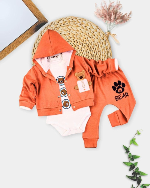 Yeni Doğan 3-6 Ay Erkek Bebek Takımı Bear Kapişonlu Turuncu