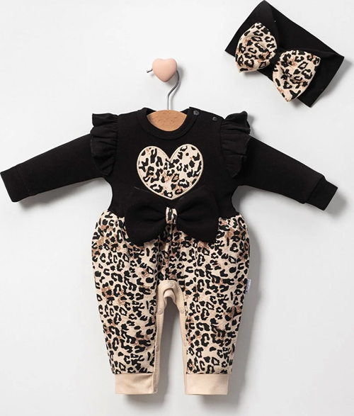 3-9 Ay Kız Bebek Tulum Leopar Fiyonklu Siyah