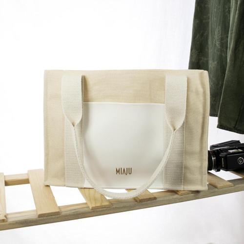 Deri Cepli Kanvas Tote Bag, Orta Boy Krem-Beyaz Kadın Kol Ve Omuz Çantası, 35X25 Cm, Ön Ve İç Cepli