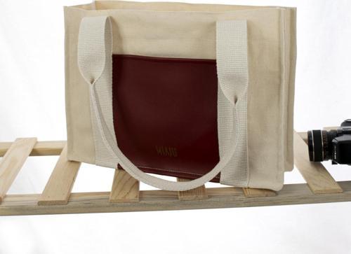 Deri Cepli Kanvas Tote Bag, Orta Boy Krem-Bordo Kadın Kol Ve Omuz Çantası, 35X25 Cm, Ön Ve İç Cepli