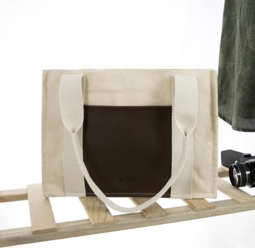 Deri Cepli Kanvas Tote Bag, Orta Boy Krem-Koyu Kahve Kadın Kol Ve Omuz Çantası, 35X25 Cm, İç Cepli
