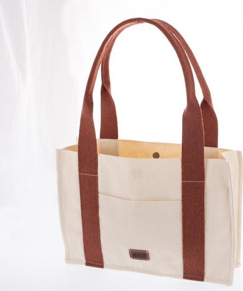 Kanvas Tote Bag, Orta Boy Krem-Kiremit Kadın Kol Ve Omuz Çantası, 35X25 Cm,Ön Ve İç Cepli,Mıknatıslı