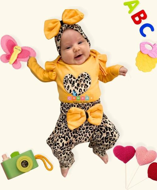 3-18 Ay Kız Bebek Alt&Üst Takımı Fiyonklu Leopar Sarı