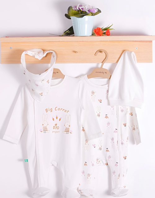 3-6 Ay Big Carrot Kız Bebek 4'lü Tulum Seti Beyaz