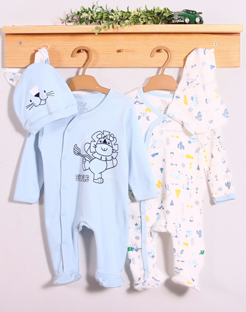 3-6 Ay Mini Jungle Aslan Erkek Bebek 4'lü Tulum Seti Mavi