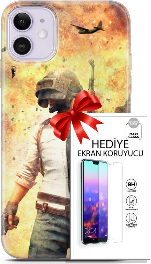 Apple İphone 11 Kılıf Orijinal Seri Pubg 29 Uçak Paraşüt Leke Tutmaz Kapak + Ekran Koruyucu