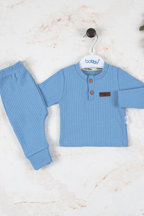 3-18 Ay Çizgili Kumaş 2'li Unisex Takımı Mavi