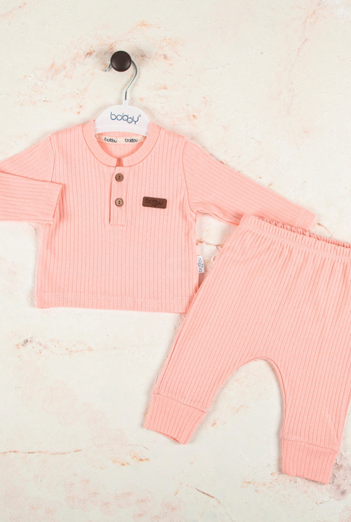 3-18 Ay Çizgili Kumaş 2'li Unisex Takımı Pembe