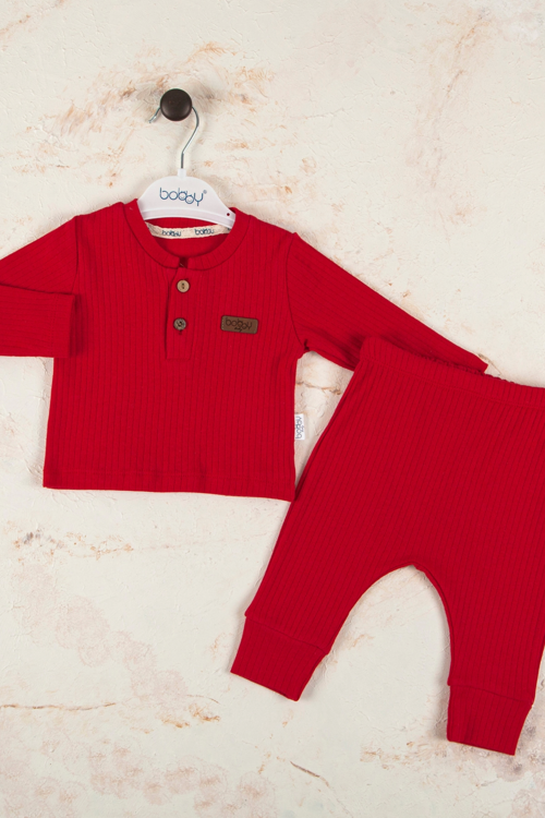 3-18 Ay Çizgili Kumaş 2'li Unisex Takımı Kırmızı
