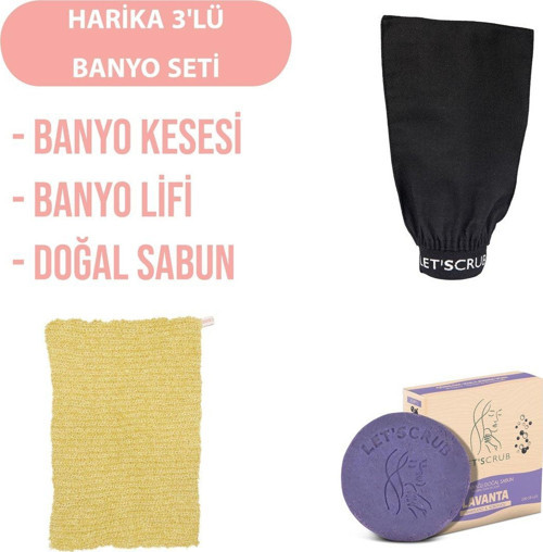 Harika 3'Lü Banyo Seti - Siyah Banyo Kesesi-Lavanta Kokulu Doğal Sabun- Mavi Banyo Lifi