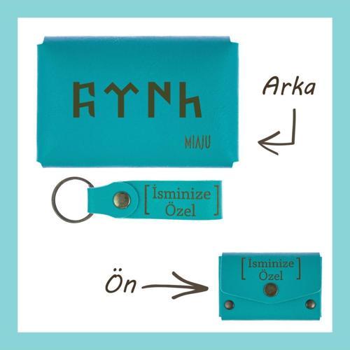 Koyu Turkuaz, Tarihine Aşık Olana Göktürk Alfabesiyle Hazırlanmış Özel Cüzdan & Anahtarlık Set