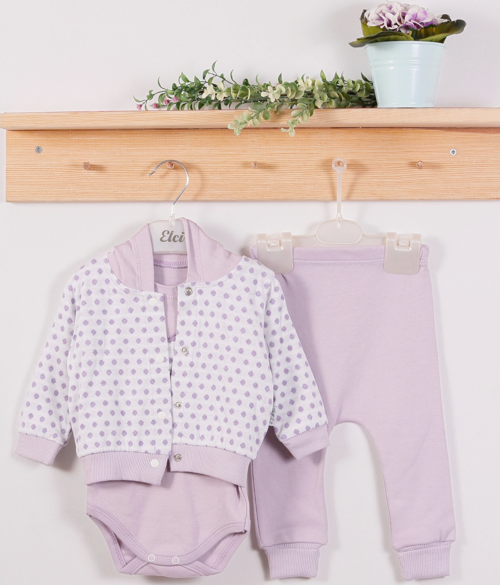 3-9 Ay Kız Bebek Alt&Üst Takımı Puan Kapişonlu 3'lü Lila