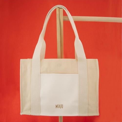 Krem & Beyaz, Deri Cepli Kanvas Tote Bag, Orta Boy Kadın Kol Ve Omuz Çantası, 35X25 Cm, Ön Ve İç Cepli
