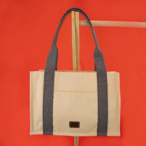 Krem&Gri Tote Bag, Ön Ve İç Cep Detaylı, 25X35 Cm, Kadın Günlük Kol Ve Omuz Çantası
