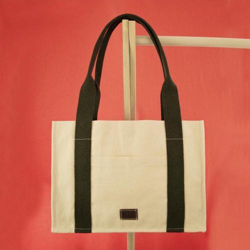 Krem&Yeşil Tote Bag, Ön Ve İç Cep Detaylı, 25X35 Cm, Kadın Günlük Kol Ve Omuz Çantası