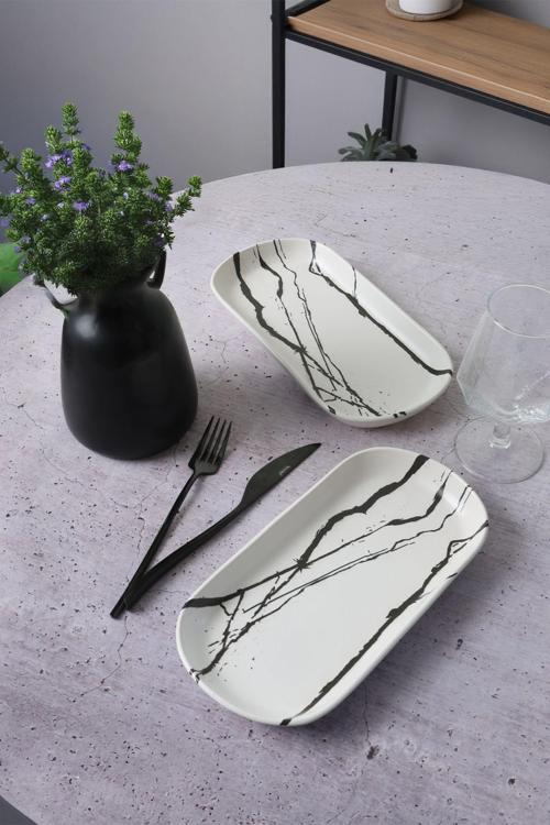 Beyaz Mermer Noyan Kayık Tabak 28 Cm 2 Adet