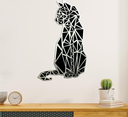 Aynalı Geometrik Kedi Ahşap Katmanlı Duvar Dekoru 80 cm