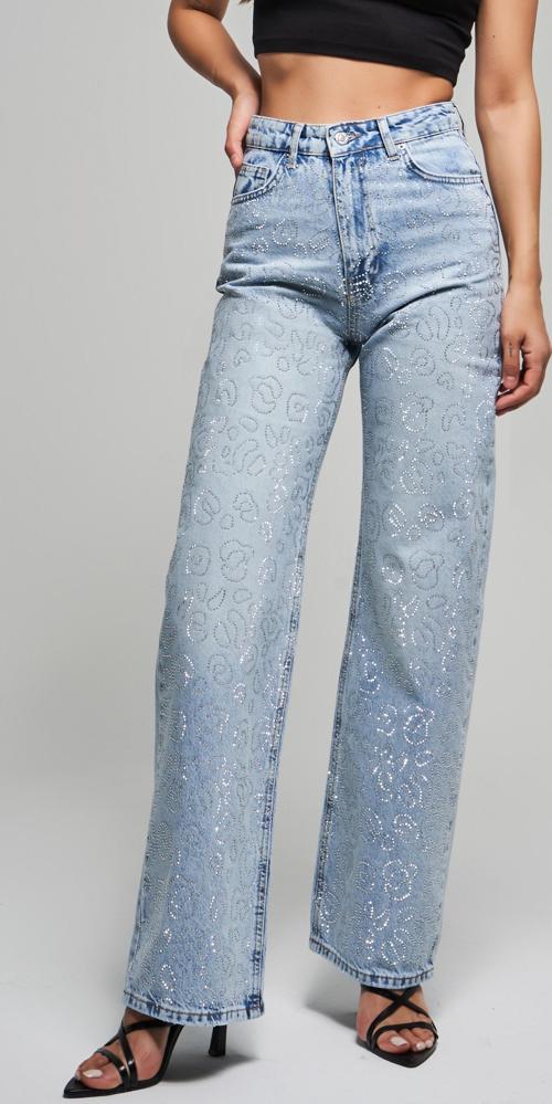 Kadın Snow Kot Rengi T-4S5-3 Straight Fit Yüksek Bel %100 Koton Parlak Taşlı Tasarım Denim