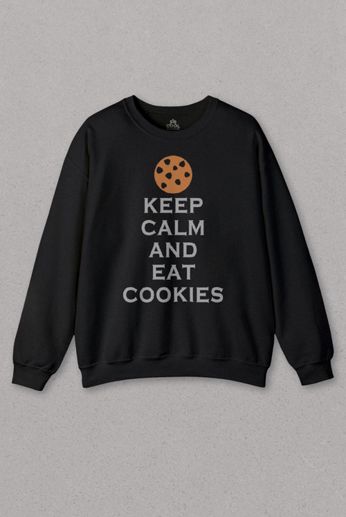 Siyah Sweatshirt Keep Calm And Eat Cokies Kurabiye Pasta Baskılı Unisex Sweat