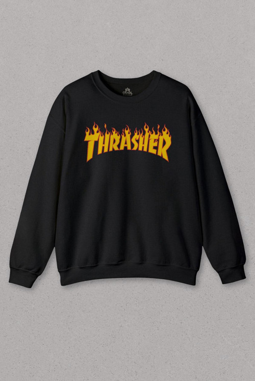 Unisex Siyah Sweatshirt Trasher Music Flame Blaze Skateboard Metal Hip Hop Baskılı Sweat