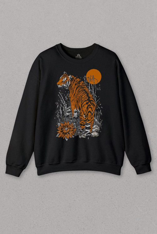 Unisex Sweatshirt Kaplan Ay Dolunay Moon Tiger Baskılı Sweat