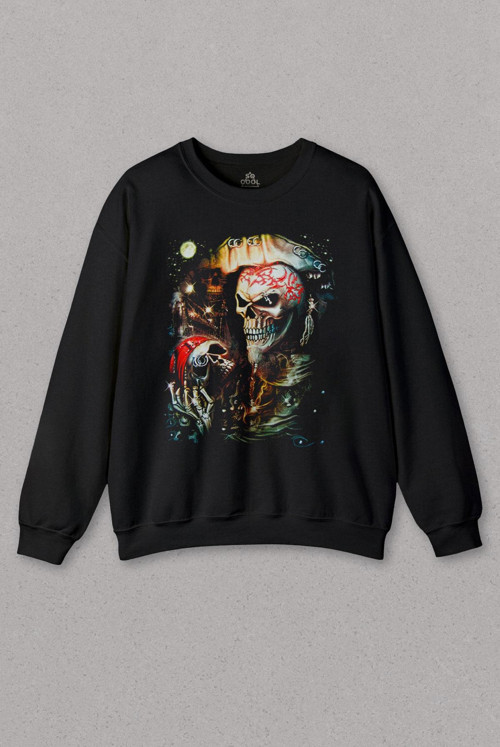 Siyah Sweatshirt Skull Korsan Kuru Kafa Baskılı Unisex Sweat