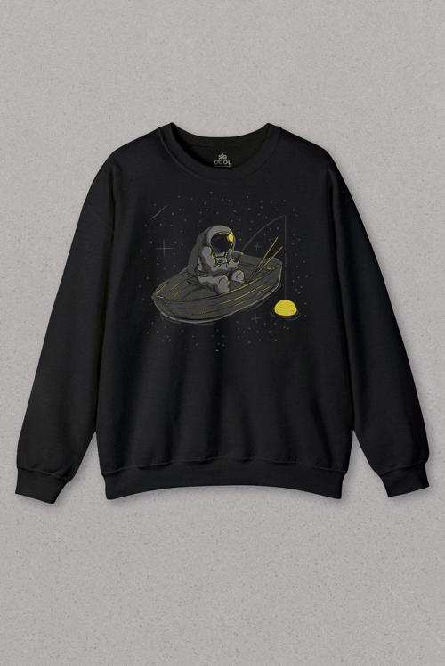 Unisex Siyah Sweatshirt Bilim Astronot Sandal Uzay Cosmos Galaksi Galaxy Baskılı Sweat
