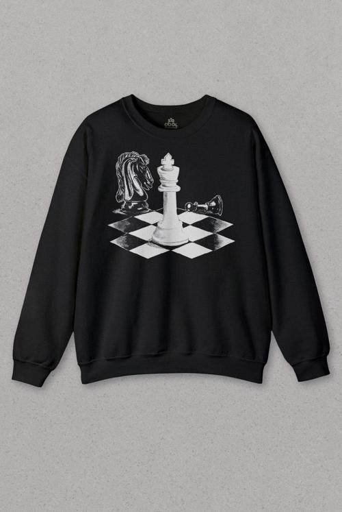 Siyah Sweatshirt Satranç Zeka Oyunu Şah Mat Vezir Chess Santranç Baskılı Unisex Sweat