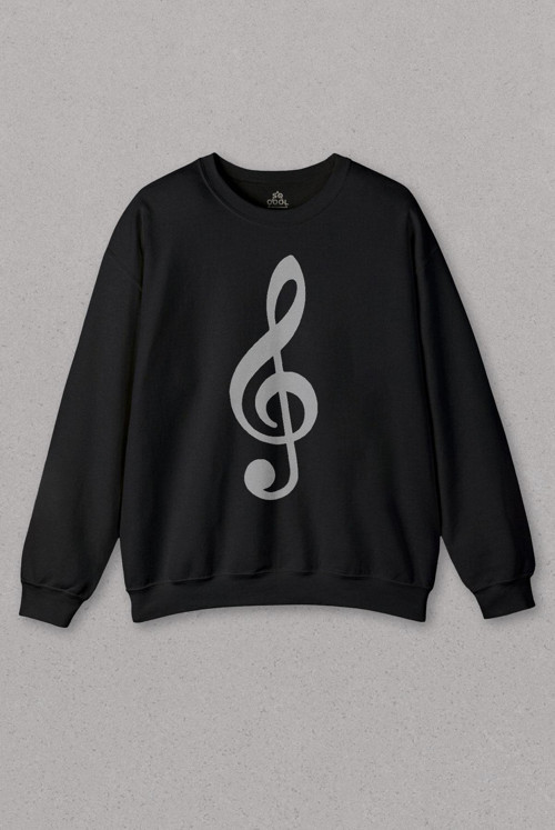 Unisex Siyah Sweatshirt Sol Anahtarı Müzik Nota Es Gitar Saz Bağlama Baskılı Sweat