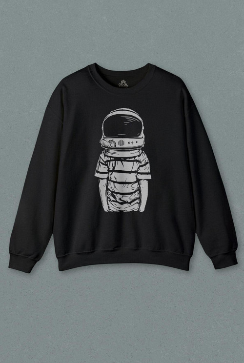 Unisex Siyah Sweatshirt Astronot Cosmos Gezegen Galaksi Uzay Science Baskılı Sweat