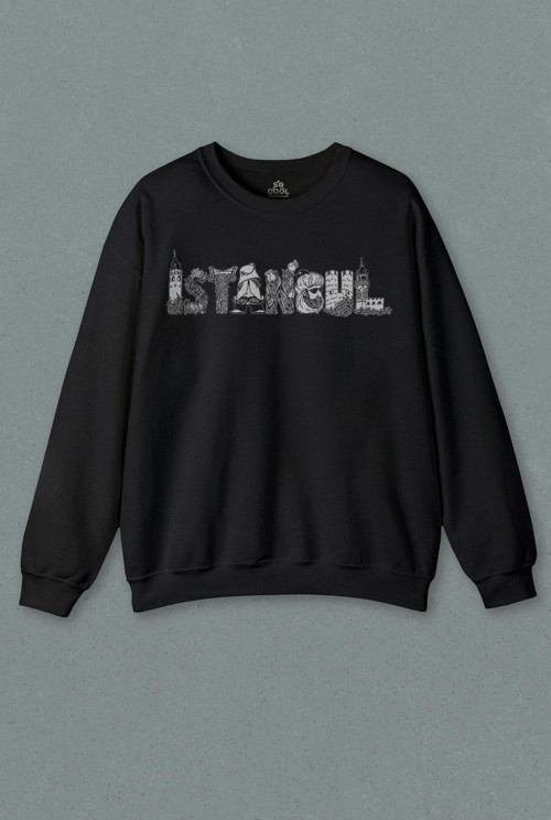 Unisex Siyah Sweatshirt Tarihi İstanbul Silüet Tasarım Osmanlı Baskılı Sweat