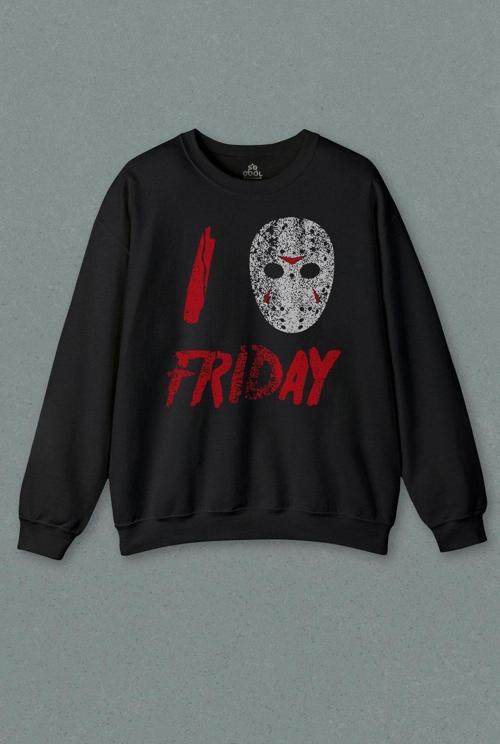 Unisex Siyah Sweatshirt Friday The 13Th 13. Cuma Onüçüncü Korku Baskılı Sweat