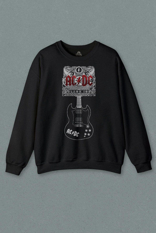 Unisex Siyah Sweatshirt Ac Dc Black Ice Guitar Gitar Rock Music Baskılı Sweat