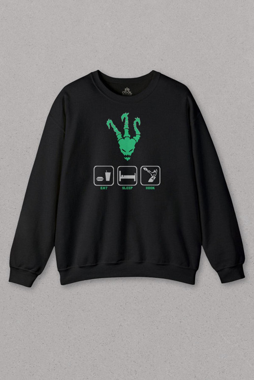 Unisex Siyah Sweatshirt Thresh Eat Sleep Hook League Lol Oyun GamerBaskılı Sweat