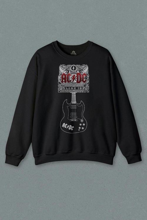 Unisex Siyah Sweatshirt Ac Dc Black Ice Guitar Gitar Rock Music Baskılı Sweat