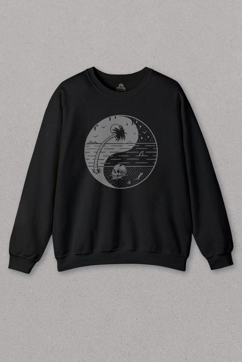 Unisex Siyah Sweatshirt Ying Yang Doğa Günü Çevre Kirliliği Ölüm Skull Baskılı Sweat