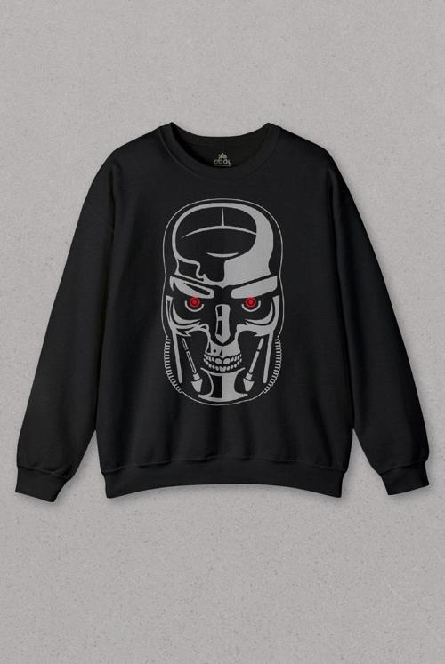 Unisex Siyah Sweatshirt Terminator Genesys Robot Skull Face Machine Baskılı Sweat