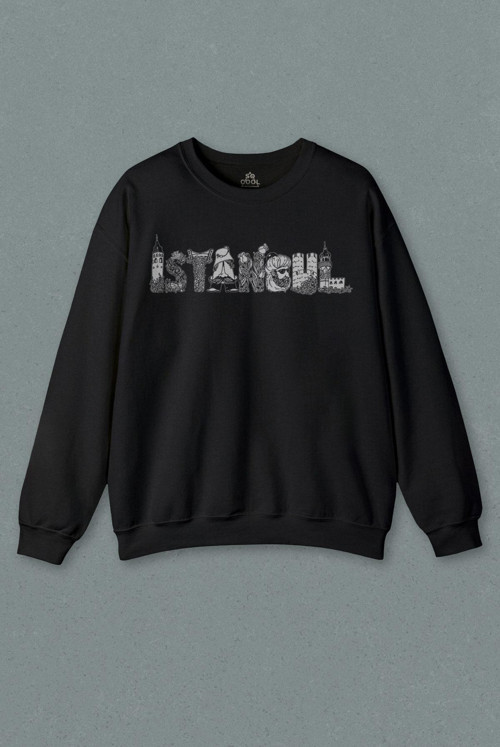 Unisex Siyah Sweatshirt Tarihi İstanbul Silüet Tasarım Osmanlı Baskılı Sweat