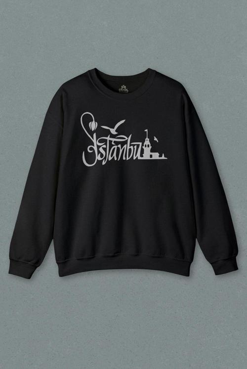 Unisex Siyah Sweatshirt İstanbul Silüet Tasarım Martı Tipografik Baskılı Sweat