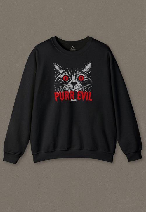 Siyah Sweatshirt Black Cat Purr Evil Kara Kedi Unisex Baskılı Sweat