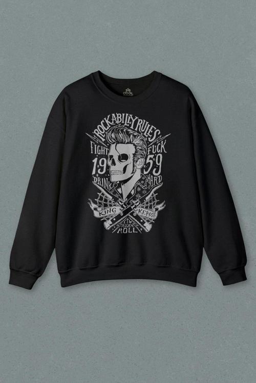 Unisex Siyah Sweatshirt Rockabilly Fight Rock Music Baskılı Sweat