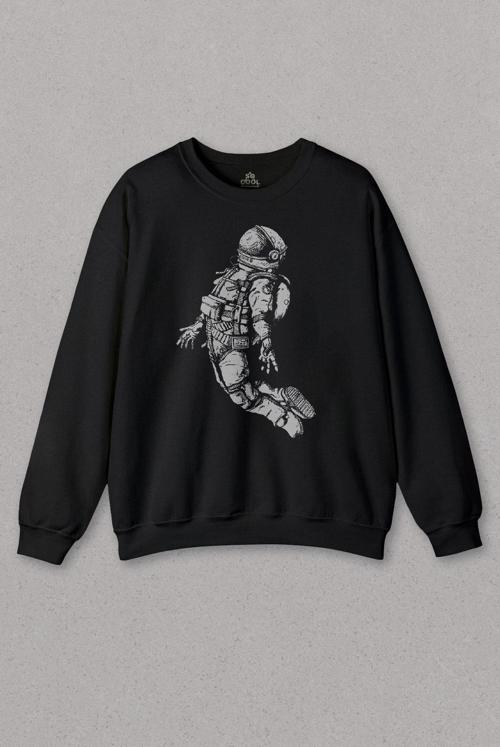 Unisex Siyah Sweatshirt Astronot Uzay Cosmos Galaksi Bilim Baskılı Sweat