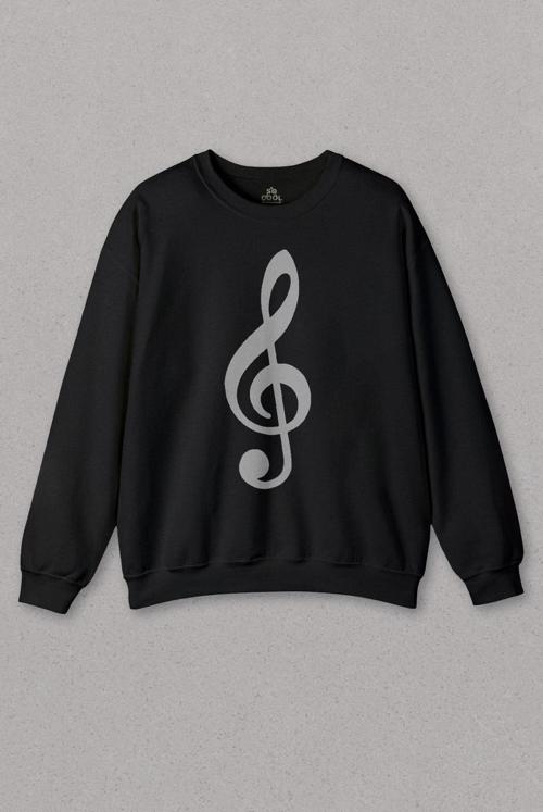 Unisex Siyah Sweatshirt Sol Anahtarı Müzik Nota Es Gitar Saz Bağlama Baskılı Sweat